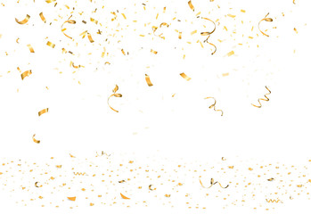 Falling bright gold Glitter confetti, ribbon, stars celebration, serpentine isolated on white background. confetti flying on the floor. New year, birthday, valentines day design element.
