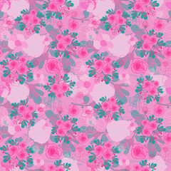 Pink Roses-Flowers in Bloom seamless repeat pattern. Multi Layer rose almond tree flowers and leaves pattern background in green,pink and white. Perfect for fabric, scrapbook,wallpaper
