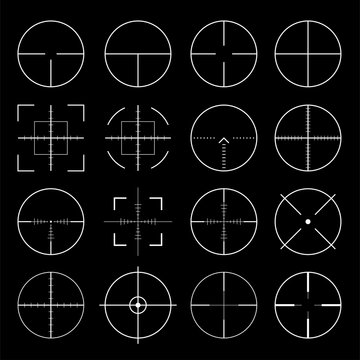 Pack Of Sniper Rifle Aims Isolated. Crosshairs Target Choose Destination Icons. Aim Shoot Focus Cursor. Bullseye Mark Targeting. Game Aiming Sight Dot Pointer Set. Vector Illustration