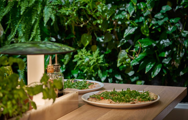 Vegan pizza with fresh arugula