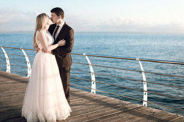 portrait of the bride and groom,newlyweds on the background of the sea,happy wedding couple on sea beach,newlyweds are hugging on the wedding day after the ceremony,wedding dresses on the bride 