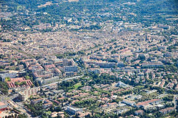 Aerial shot of the city of Aix en Provence in the south of France near Marseille, and its well...