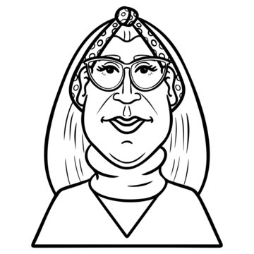 Monochrome Vector Illustration Of A Woman With Hair Band And Glasses.  Older Woman, Avatar, Comic, Head, Teacher, Strict, Turtleneck Sweater.