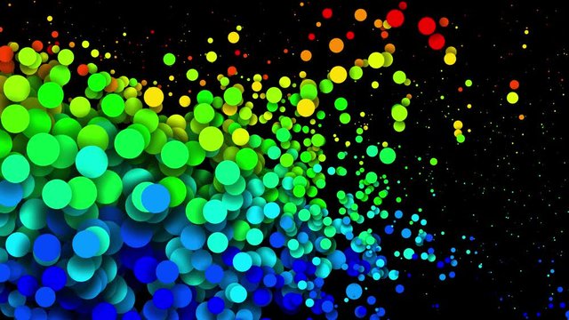 Circles decrease and increase in waves. 4k looped seamless abstract background. Gradient rainbow color on particles like paint bubbles or dye droplets in water in flat style. Luma matte 5
