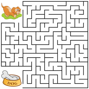 Square maze for kids with cartoon Dog. Find right way to the Bone. Entry and exit. Puzzle Game with answer. Learning Labyrinth conundrum. Education worksheet. Activity page. Logic Games for kids.