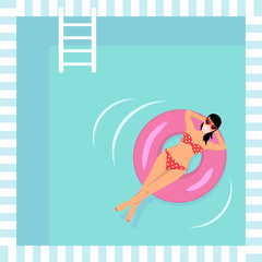 Woman sunbathing on inflatable ring in a swimming pool, summer vector illustration, top view