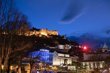 Fototapeta premium Night Tbilisi. The fortress of Narikala. Cable car. Georgia. Tbilisi.