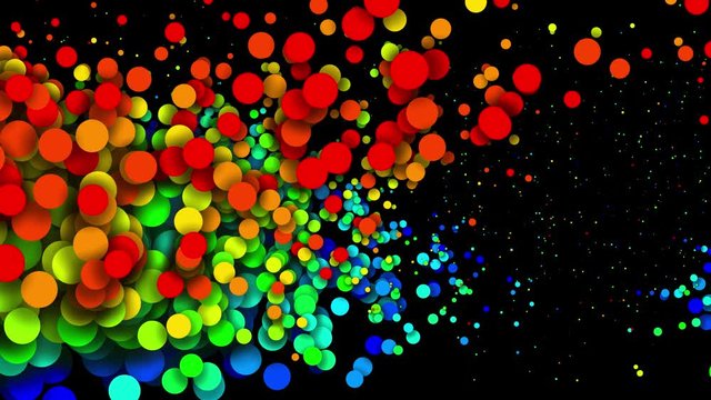 Circles decrease and increase in waves. 4k looped seamless abstract background. Gradient rainbow color on particles like paint bubbles or dye droplets in water in flat style. Luma matte 4