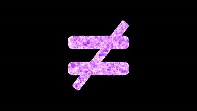 Symbol not equal shimmers in three colors: Purple, Green, Pink. In - Out loop. Alpha channel Premultiplied - Matted with color black
