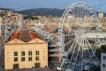 Genoa at the ancient port the Ferris wheel view from the air