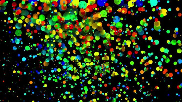 Circles decrease and increase in waves. 4k looped seamless abstract background. Gradient rainbow color on particles like paint bubbles or dye droplets in water in flat style. Luma matte 1