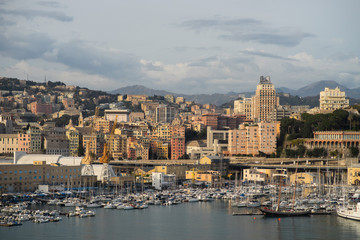 Panoramic view port of Genoa with lots boats in harbour in a summer day, Italy