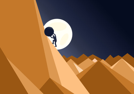 Sisyphus Concept Of A Man Pushing A Huge Rock Up A Mountain In An Impossible Task Showing Determination And Endurance