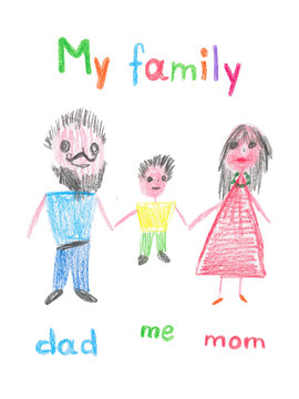 Family portrait, mother, father, brother holding hands and smiling. Children drawing. Pencil illustration in children's style. Сoncept of family happiness, maternity, parenthood, childhood.