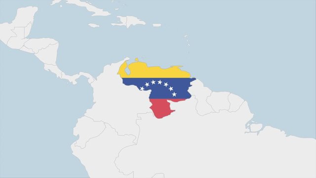 Venezuela map highlighted in Venezuela flag colors and pin of country capital Caracas.