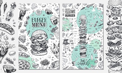 Burger menu. Vintage template with hand drawn sketches of hamburger and infographic with fast food ingredients. Engraving style vector icons - pizza, tacos, barbecue, beverages and sweets - obrazy, fototapety, plakaty