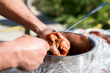 Barbecue. Cooking Shish kebab meat on the grill.