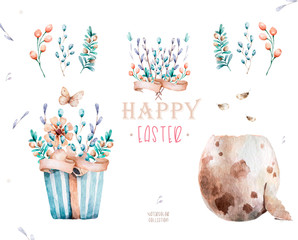 Watercolor Happy Easter set, Colored eggs withflower and spring floral, isolated on a white background, vintage watercolor illustration for design postcard