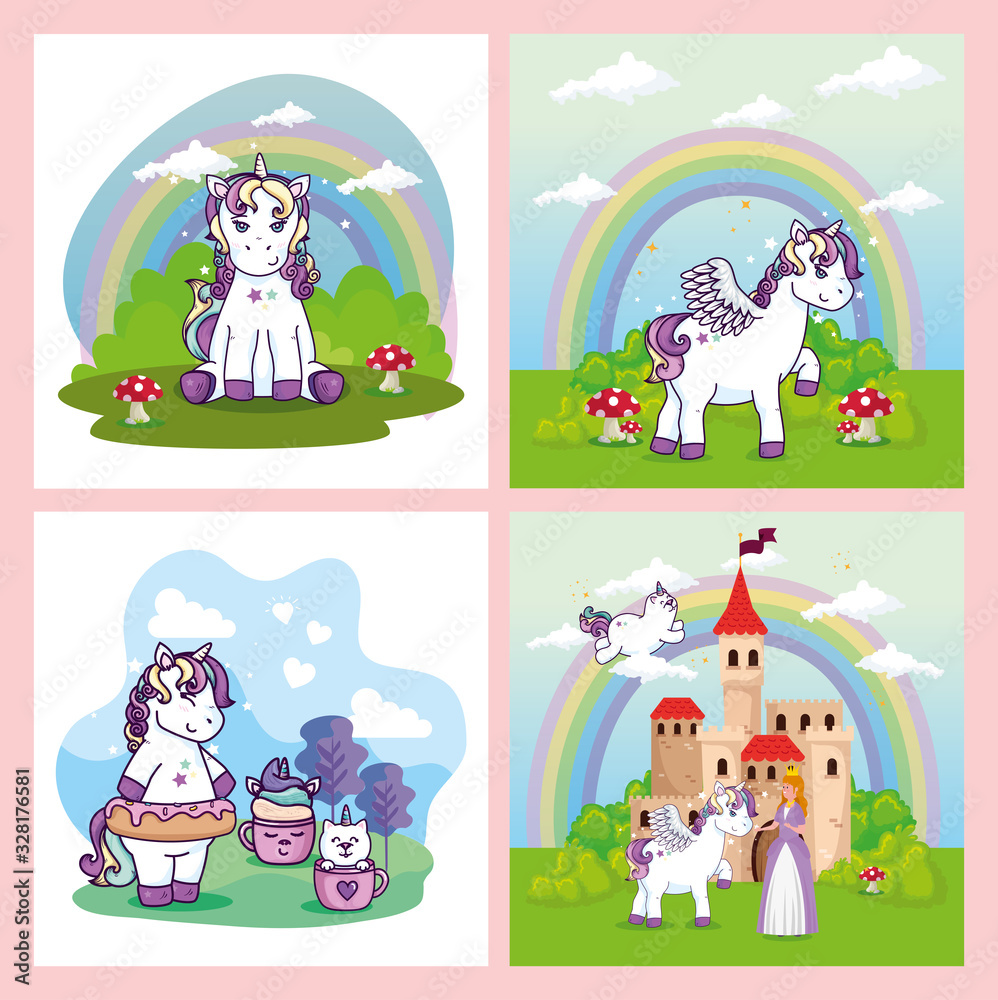 Wall mural set designs of unicorns and cute icons