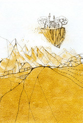 Magic landscape with flying castle on the rock over gold mountains. Fairyland. Hand drawn image.