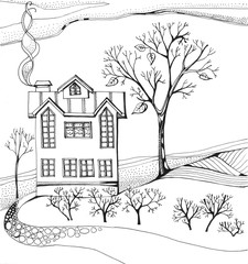 The way to home. Fantasy landscape with house, trees and bushes. Black and white drawing.