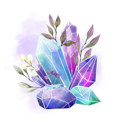 Watercolor gems, crystals and leaves, hand drawn watercolor