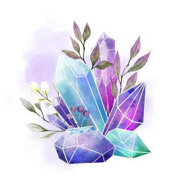 Watercolor Gems, Crystals And Leaves, Hand Drawn Watercolor