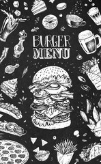Burger menu design template for restaurants and cafes. White chalk icons on black. Hand drawn hamburger sketch, coffee, french fries, tacos, burritos, beer and pizza. Vector vintage retro design