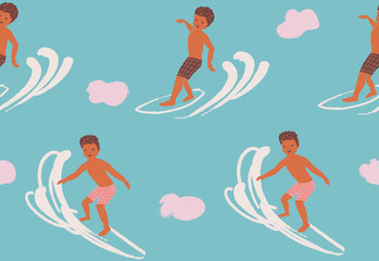 Seamless pattern with afroamerican boy surfing.