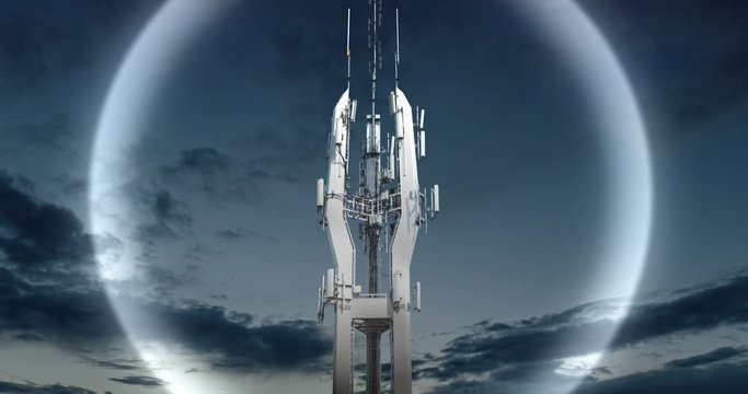 Time lapse of Cell tower antennas transmitting data, repeaters for mobile communications and the Internet, GPS, cellphone, 3G, 4G and 5G telecommunication tower with moving clouds, storm. 4K
