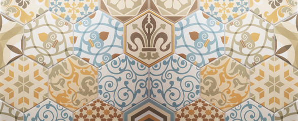 Vintage shabby patchwork hexagonal geometric motif tiles wall texture background banner