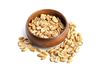 Roasted peanuts in bowl, salted beer snack, group, isolated