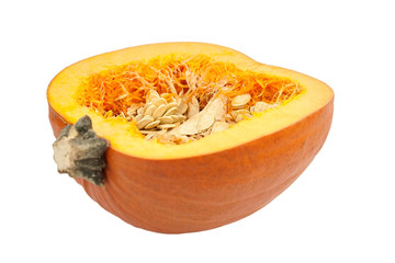 Squash with seeds isolated on white background. One halved pumpkin with orange raw flesh, selective focus