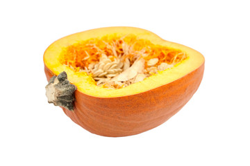 Squash with seeds isolated on white background. One halved pumpkin with orange raw flesh, selective focus