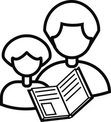black icon on a white background, vector. teacher with child, mentor, adult.  book reading