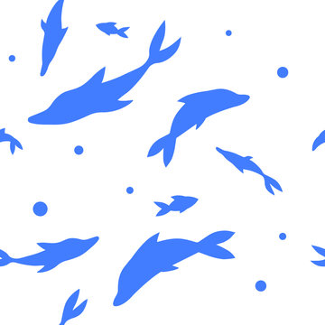 blue silhouettes of dolphins on a white background, vector pattern for children, stencil