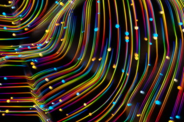 Neon glowing twisted cosmic lines on the glossy surface. Turbulence curls flow colorful motion. Fluid and smooth astronomy vortex swirl structure. 3d rendering Abstract creative modern background