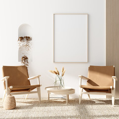 Mock up poster in warm Scandinavian style living room interior with wooden decor, 3d render © artjafara