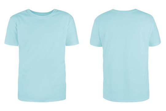 Men's pastel blue blank T-shirt template,from two sides, natural shape on invisible mannequin, for your design mockup for print, isolated on white background..