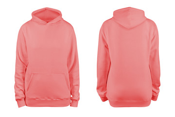 woman's coral blank hoodie template,from two sides, natural shape on invisible mannequin, for your...