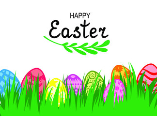Vector illustrations of Easter card with decorative eggs on green grass