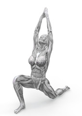 muscle woman doing a crescent pose in white background