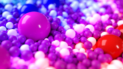 beautiful shiny balls of different colors and sizes completely cover the surface. Some spheres glow. 3d photorealistic render geometric reative holiday background of shiny balls. Multicolored