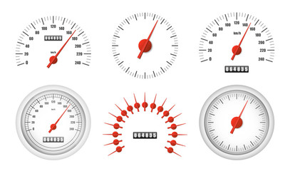 Realistic speedometer pack isolated on white background. Sport car odometer with motor miles measuring scale. Racing speed counter. Engine power concept template. Vector illustration