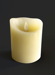Beautiful and realistic natural color candle front view isolated on black background. Wax candle burning on black background, closeup