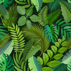 Tropical seamless pattern with green palm leaves on dark background