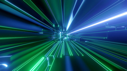 Sci-fi tunnel with neon lights. Abstract high-tech tunnel as background in the style of cyberpunk or high-tech future. Blue green colors 1