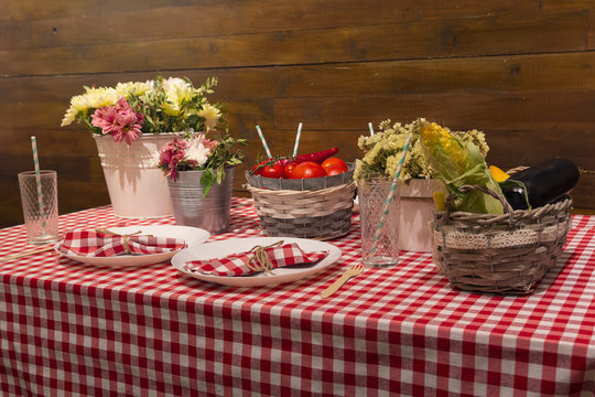 Table serving with flowers and caged tablecloth in village style