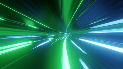 Sci-fi tunnel with neon lights. Abstract high-tech tunnel as background in the style of cyberpunk or high-tech future. Blue green colors 4