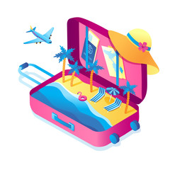 Vector isometric beach by the sea in suitcase. palm trees, sun loungers and  ocean in baggage.Concept of booking tickets and tours through the online app. Travel, vacation, tourism in exotic countries